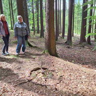 Fortbildungsleiterin Karin Mayer erklärt im Wald den teilnehmenden Lehrkräften den Ursprung und die Bedeutung des Waldbadens das Waldbaden